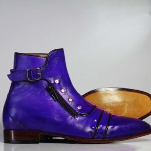 Handmade Men's Ankle High Purple Cap Toe Buckle With Side Zip Style Leather Boots