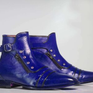 Handmade Men's Ankle High Purple Cap Toe Buckle With Side Zip Style Leather Boots