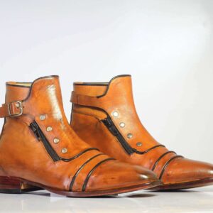 Handmade Men's Ankle High Tan Cap Toe Buckle With Side Zip Style Leather Boots