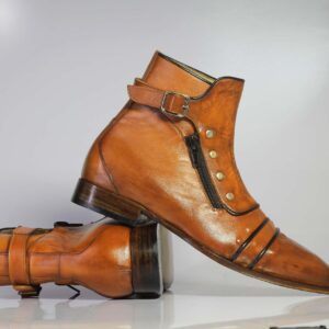 Handmade Men's Ankle High Tan Cap Toe Buckle With Side Zip Style Leather Boots