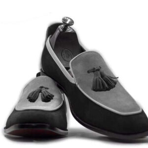 Handmade Men's Black Gray Loafer Shoes, Men Suede Leather Shoes