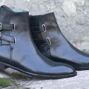 Handmade Men's Black Double Buckle Boots , Men Bespoke All Leather Ankle Boots