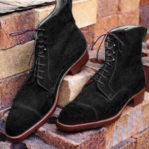 Handmade Men's Black Suede Cap Toe Ankle Suede Boot - leathersguru