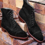 Handmade Men's Black Suede Cap-Toe Ankle Boots Suede Lace-up Boots