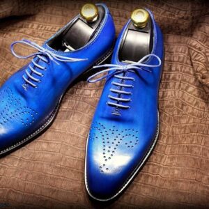 Handmade Men's Blue Color Shoes Derby Brogue Leather Lace Up Formal Shoes