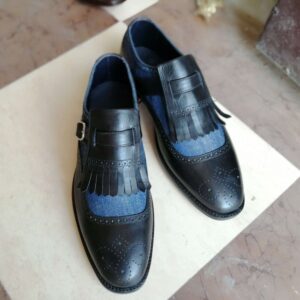 Handmade Men's Brogue Monk Strap Shoes, Men's Navy Blue Fringe Tweed Leather Shoes