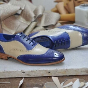 Handmade Men's Brogue Shoes, Men's Beige Blue Leather Lace Up Shoes