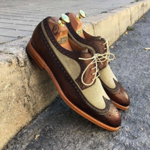 Handmade Men's Brown Beige Wing Tip Brogue Shoes Stylish Lace Up Leather Suede Shoes