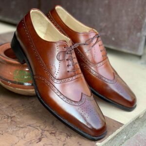 Handmade Men's Brown Wing Tip Brogue Leather Dress Shoes, Leather Shoes