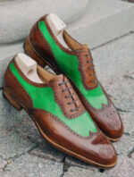 Handmade Men's Brown & Green Wing Tip Lace Up Shoes, Men's Leather Shoes