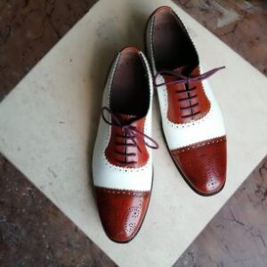 Men’s Brown White Leather Shoes, Cap Toe Brogue Dress Formal Lace Up Shoes