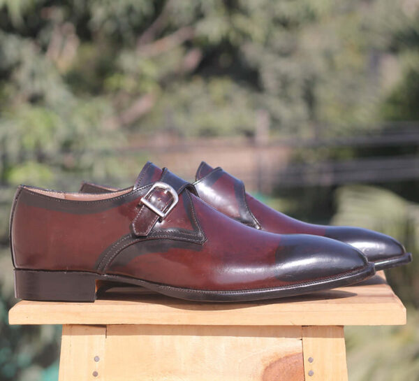 Handmade Men's Burgundy Black Monk Shoes, Men's Leather Shoes