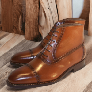 Handmade Men's Cap Toe Lace Up Boot, Ankle High Cap Toe Leather Boot