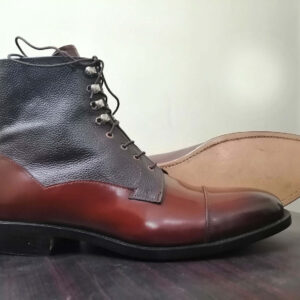 Handmade Men's Cap Toe Leather Boot, Men's Brown Gray Ankle High Lace Up Boot