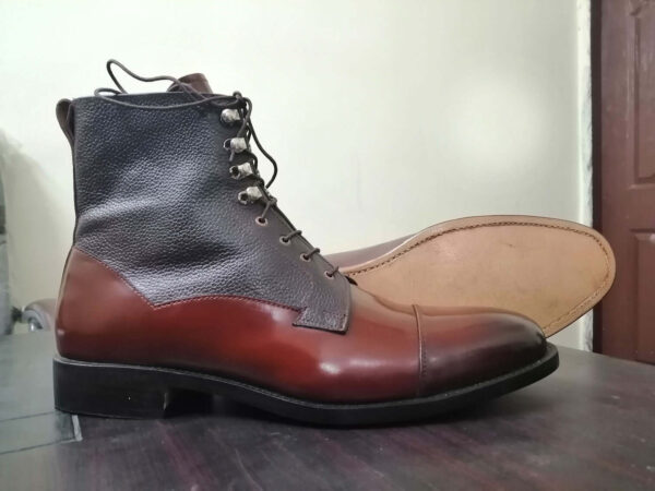 Handmade Men's Cap Toe Leather Boot, Men's Brown Gray Ankle High Lace Up Boot