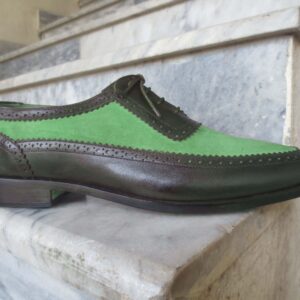 Handmade Men's Casual Shoes, Men's Green Brown Leather & Suede Lace Up Casual Shoes.