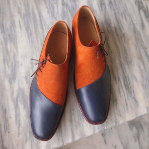 Handmade Men's Casual Shoes, Men's Tan Brown Blue Leather & Suede Lace Up Casual Shoes.