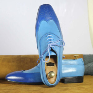 Handmade Men's Genuine Blue Leather Shoes, Wing Tip Dress Shoes