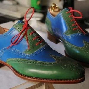 Handmade Men's Fashion Shoes, Green Blue Leather wing Tip Fashion Shoes