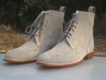 Handmade Men's Gray Color Ankle High Boot, Men's Suede Wing Tip Brogue Lace Up Boot