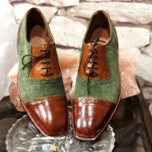 Handmade Men's Green Brown Color Shoes Stylish Leather Suede Cap Toe Lace Up Shoes