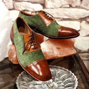 Handmade Men's Green Brown Color Shoes Stylish Leather Suede Cap Toe Lace Up Shoes