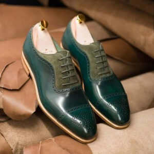 Handmade Men's Green Color Shoes Cap Toe Brogue Lace Up Leather Suede Formal Shoes