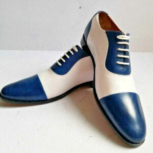 Handmade Men’s Leather Lace Up Stylish Shoes, Men White Blue Cap Toe Dress Shoes