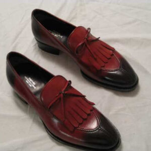 Handmade Men's Loafer Slip On Fringe Shoes, Men's Tan Burgundy Color leather formal Shoes