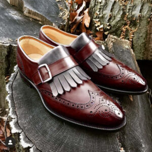 Handmade Men's Monk Shoes, Men's Burgundy Gray Leather Wing Tip Monk Strap Casual Shoes.