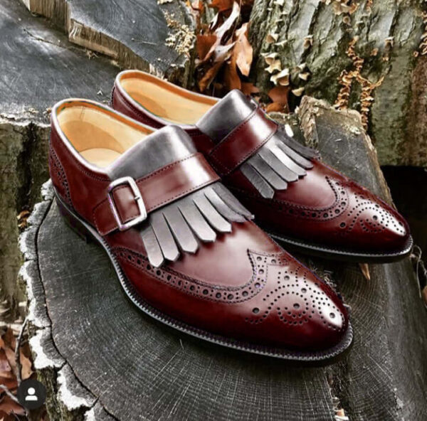 Handmade Men's Monk Shoes, Men's Burgundy Gray Leather Wing Tip Monk Strap Casual Shoes.