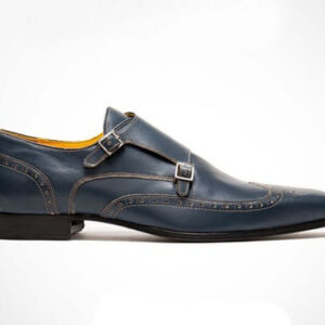 Handmade Men's Monk Shoes, Men's Navy Blue Leather Double Monk Strap Wing Tip Shoes.