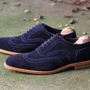 Handmade Men's Navy Blue Suede Shoes, Lace Up Stylish Wing Tip Brogue Dress Formal Shoes