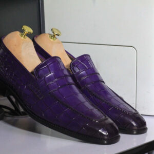 Handmade Men's Purple Alligator Texture Shoes, Men's Penny Loafer Style Formal Shoes