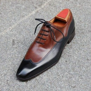 Handmade Men's Shoes, Men's Burgundy Black Leather Wing Tip Lace Up Dress Formal shoes.