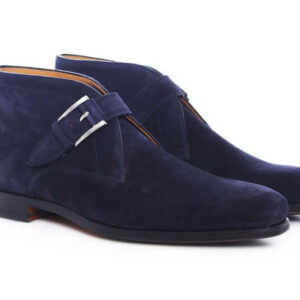 Handmade Men's Suede Navy Blue Leather Chukka Monkstrap Boots