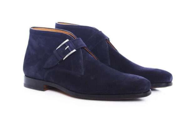 Handmade Men's Suede Navy Blue Leather Chukka Monkstrap Boots