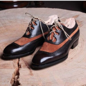 Handmade Men's Tan Black Color Leather Suede Shoes, Lace Up Square Toe Dress Formal Shoes