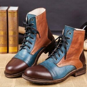 Handmade Men's Tan Brown Blue Boot Dress Leather Cap Toe Lace Up Ankle High Boot