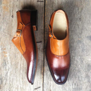 Handmade Men's Tan Brown Color Shoes Stylish Leather Monk Strap Shoes