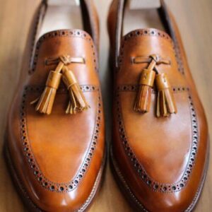 Handmade Men's Tassels Fashion Shoes, Tan Brown Loafer Slip On Formal Shoes