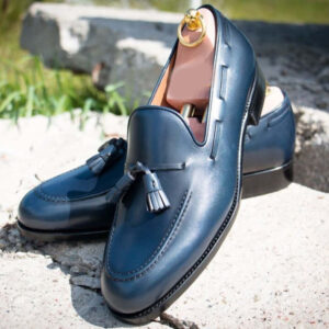 Handmade Men's Tussles Leather Shoes, Men's Navy Blue Slip On Shoes