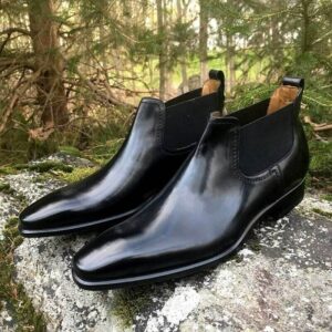 Men Black Leather Chelsea Boots, Men Casual Fashion Black Ankle Boots