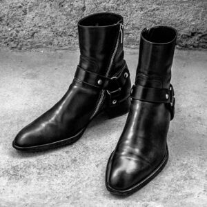 Men's Bespoke Ankle High Black Madrid Straps With Side Lace Up Leather Boot - leathersguru