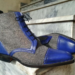 Handmade Mens Blue Tweed & Leather Boot, Men's Ankle High Lace Up Formal Boots