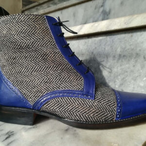 Handmade Mens Blue Tweed & Leather Boot, Men's Ankle High Lace Up Formal Boots