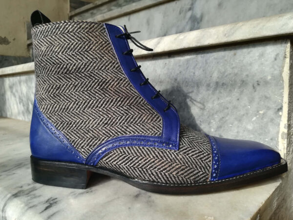 Handmade Mens Blue Tweed & Leather Boot, Men's Ankle High Lace Up Formal Boots