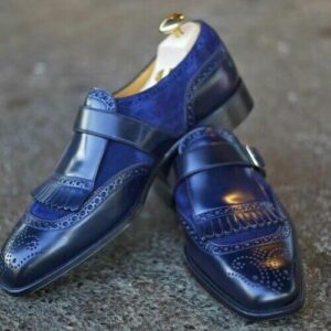 Mens Elegant Navy Blue Monk Shoes, Men Blue Fringe Dress Shoes