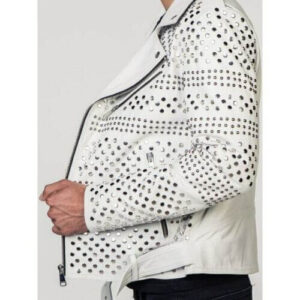 Handmade Men's Punk Style White Sliver Studded Brando Biker Leather Jacket - leathersguru