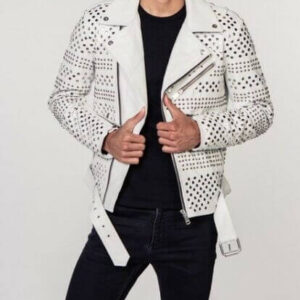 Handmade Men's Punk Style White Sliver Studded Brando Biker Leather Jacket - leathersguru